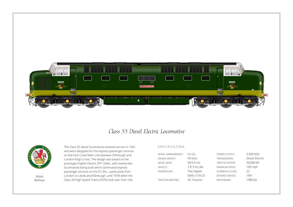 The Class 55 diesel locomotives entered service in 1961 and were designed for the express passenger services  on the East Coast Main Line between Edinburgh and London King's Cross. The design was based on the prototype English Electric DP1 Deltic, with twenty-two locomotives being built which dominated express passenger services on the E.C.M.L., particularly from London to Leeds and Edinburgh, until 1978 when the Class 43 High Speed Trains (HSTs) took over their role. WHEEL ARRANGEMENT:	Co-Co ENGINE WEIGHT:		99 tons WHEEL BASE:		58 ft 6 ins WHEELS:			3 ft 9 ins dia POWERPLANT:		Two Napier 				Deltic D18-25 TRACTION MOTORS:	DC Traction POWER OUTPUT:		3,300 bhp TRANSMISSION:		Diesel Electric TRACTIVE EFFORT:		50,000 lbf MAXIMUM SPEED:		100 mph NUMBER IN CLASS: 	22 ENTERED SERVICE:   	1961 WITHDRAWN:   		1980-82 S P E C I F I C A T I O N : Class 55 Diesel Electric Locomotive British Railways