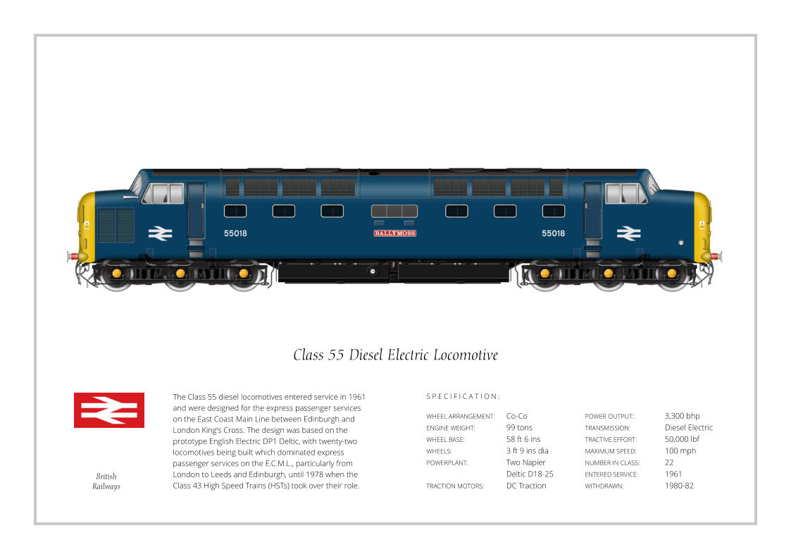 The Class 55 diesel locomotives entered service in 1961 and were designed for the express passenger services  on the East Coast Main Line between Edinburgh and London King's Cross. The design was based on the prototype English Electric DP1 Deltic, with twenty-two locomotives being built which dominated express passenger services on the E.C.M.L., particularly from London to Leeds and Edinburgh, until 1978 when the Class 43 High Speed Trains (HSTs) took over their role. WHEEL ARRANGEMENT:	Co-Co ENGINE WEIGHT:		99 tons WHEEL BASE:		58 ft 6 ins WHEELS:			3 ft 9 ins dia POWERPLANT:		Two Napier 				Deltic D18-25 TRACTION MOTORS:	DC Traction POWER OUTPUT:		3,300 bhp TRANSMISSION:		Diesel Electric TRACTIVE EFFORT:		50,000 lbf MAXIMUM SPEED:		100 mph NUMBER IN CLASS: 	22 ENTERED SERVICE:   	1961 WITHDRAWN:   		1980-82 S P E C I F I C A T I O N : Class 55 Diesel Electric Locomotive British Railways