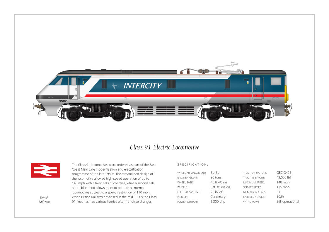 The Class 91 locomotives were ordered as part of the East Coast Main Line modernisation and electrification programme of the late 1980s. The streamlined design of the locomotive allowed high-speed operation of up to  140 mph with a fixed sets of coaches, while a second cab at the blunt end allows them to operate as normal locomotives subject to a speed restriction of 110 mph. When British Rail was privatised in the mid 1990s the Class 91 fleet has had various liveries after franchise changes. WHEEL ARRANGEMENT:	Bo-Bo ENGINE WEIGHT:		80 tons WHEEL BASE:		45 ft 4½ ins WHEELS:			3 ft 3½ ins dia ELECTRIC SYSTEM	:	25 kV AC PICK UP:			Cantenary POWER OUTPUT:		6,300 bhp TRACTION MOTORS:	GEC G426  TRACTIVE EFFORT:		43,000 lbf MAXIMUM SPEED:		140 mph SERVICE SPEED:		125 mph NUMBER IN CLASS: 	31 ENTERED SERVICE:   	1989 WITHDRAWN:   		Still operational S P E C I F I C A T I O N : Class 91 Electric Locomotive British Railways