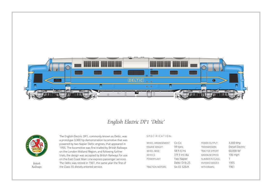 The English Electric DP1, commonly known as Deltic, was a prototype 3,300 hp demonstration locomotive that was powered by two Napier Deltic engines, that appeared in 1955. The locomotive was first trialled by British Railways on the London Midland Region, and following further trials, the design was accepted by British Railways for use on the East Coast Main Line express passenger services. The Deltic was retired in 1961, the same year the first of the Class 55 diesels entered service.  WHEEL ARRANGEMENT:	Co-Co ENGINE WEIGHT:		99 tons WHEEL BASE:		58 ft 6 ins WHEELS:			3 ft 9 ins dia POWERPLANT:		Two Napier 				Deltic D18-25 TRACTION MOTORS:	Six EE 526/A POWER OUTPUT:		3,300 bhp TRANSMISSION:		Diesel Electric TRACTIVE EFFORT:		60,000 lbf MAXIMUM SPEED:		106 mph NUMBER IN CLASS: 	1 ENTERED SERVICE:   	1955 WITHDRAWN:   		1961 S P E C I F I C A T I O N : English Electric DP1 ‘Deltic’ British Railways
