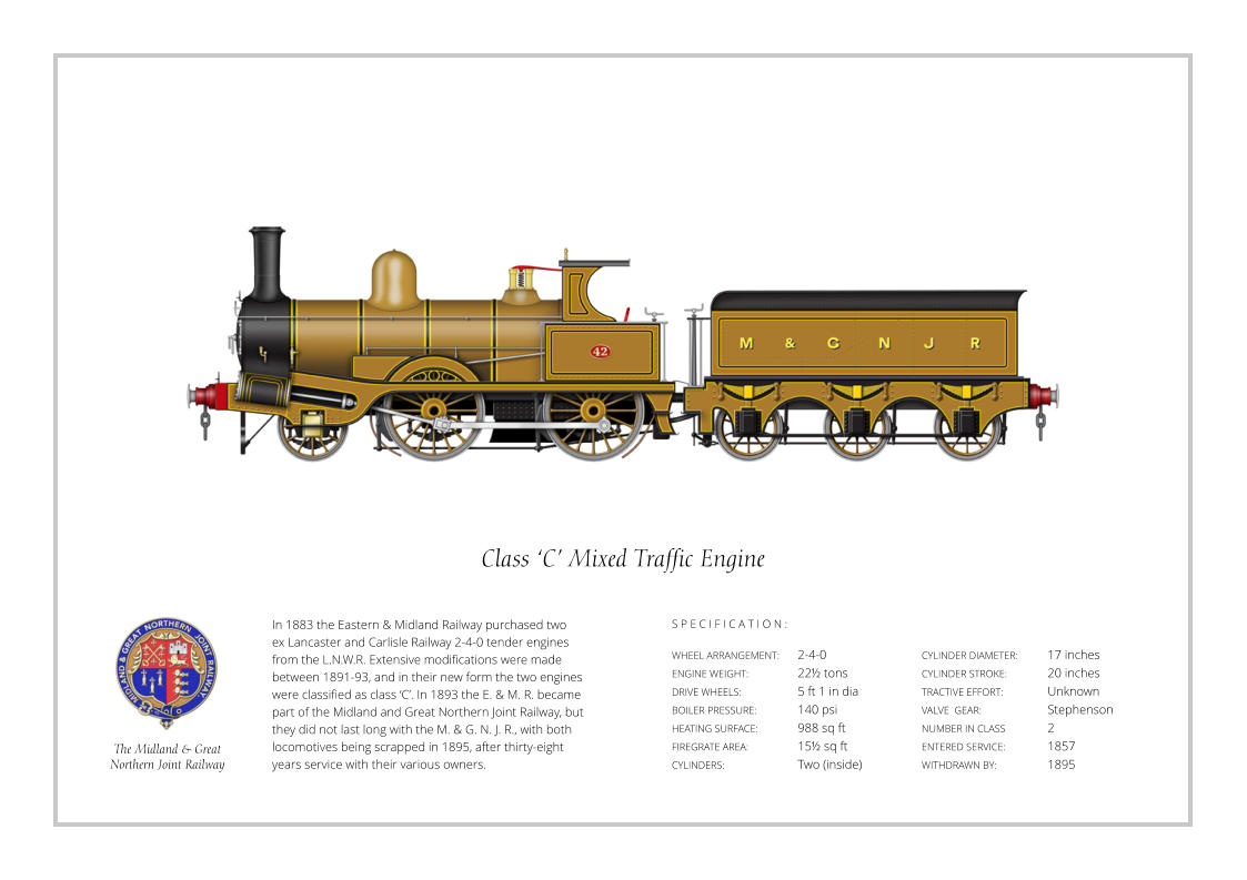 In 1883 the Eastern & Midland Railway purchased two ex Lancaster and Carlisle Railway 2-4-0 tender engines from the L.N.W.R. Extensive modifications were made between 1891-93, and in their new form the two engines were classified as class ‘C’. In 1893 the E. & M. R. became part of the Midland and Great Northern Joint Railway, but they did not last long with the M. & G. N. J. R., with both locomotives being scrapped in 1895, after thirty-eight years service with their various owners. WHEEL ARRANGEMENT:	2-4-0    ENGINE WEIGHT:		22½ tons DRIVE WHEELS:		5 ft 1 in dia BOILER PRESSURE:	140 psi HEATING SURFACE:	988 sq ft FIREGRATE AREA:		15½ sq ft CYLINDERS:		Two (inside) CYLINDER DIAMETER:  	17 inches CYLINDER STROKE: 	20 inches TRACTIVE EFFORT:		Unknown VALVE  GEAR:		Stephenson NUMBER IN CLASS  	2 ENTERED SERVICE:   	1857 WITHDRAWN BY:   		1895 S P E C I F I C A T I O N : Class ‘C’ Mixed Traffic Engine The Midland & Great Northern Joint Railway