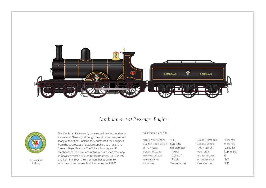 The Cambrian Railway only constructed two locomotives at its works at Oswestry, although they did extensively rebuilt many of their fleet. Instead they purchased their engines from the catalogues of outside suppliers such as Sharp Stewart, Beyer Peacock, The Vulcan Foundry and R. Stephensons. The two locomotives constructed from new at Oswestry were 4-4-0 tender locomotives, No.19 in 1901 and No.11 in 1904, their numbers being taken from withdrawn locomotives, No.19 surviving until 1930. WHEEL ARRANGEMENT:	4-4-0    ENGINE/TENDER WEIGHT:	69½ tons DRIVE WHEELS:		6 ft diameter BOILER PRESSURE:	140 psi HEATING SURFACE:	1,208 sq ft FIREGRATE AREA:		17 sq ft CYLINDERS:		Two (outside) CYLINDER DIAMETER:  	18 inches CYLINDER STROKE: 	24 inches TRACTIVE EFFORT:		12,852 lbf VALVE  GEAR:		Stephenson NUMBER IN CLASS:  	36 ENTERED SERVICE:   	1901 WITHDRAWN BY:   		1930 S P E C I F I C A T I O N : Cambrian 4-4-0 Passenger Engine The Cambrian Railway
