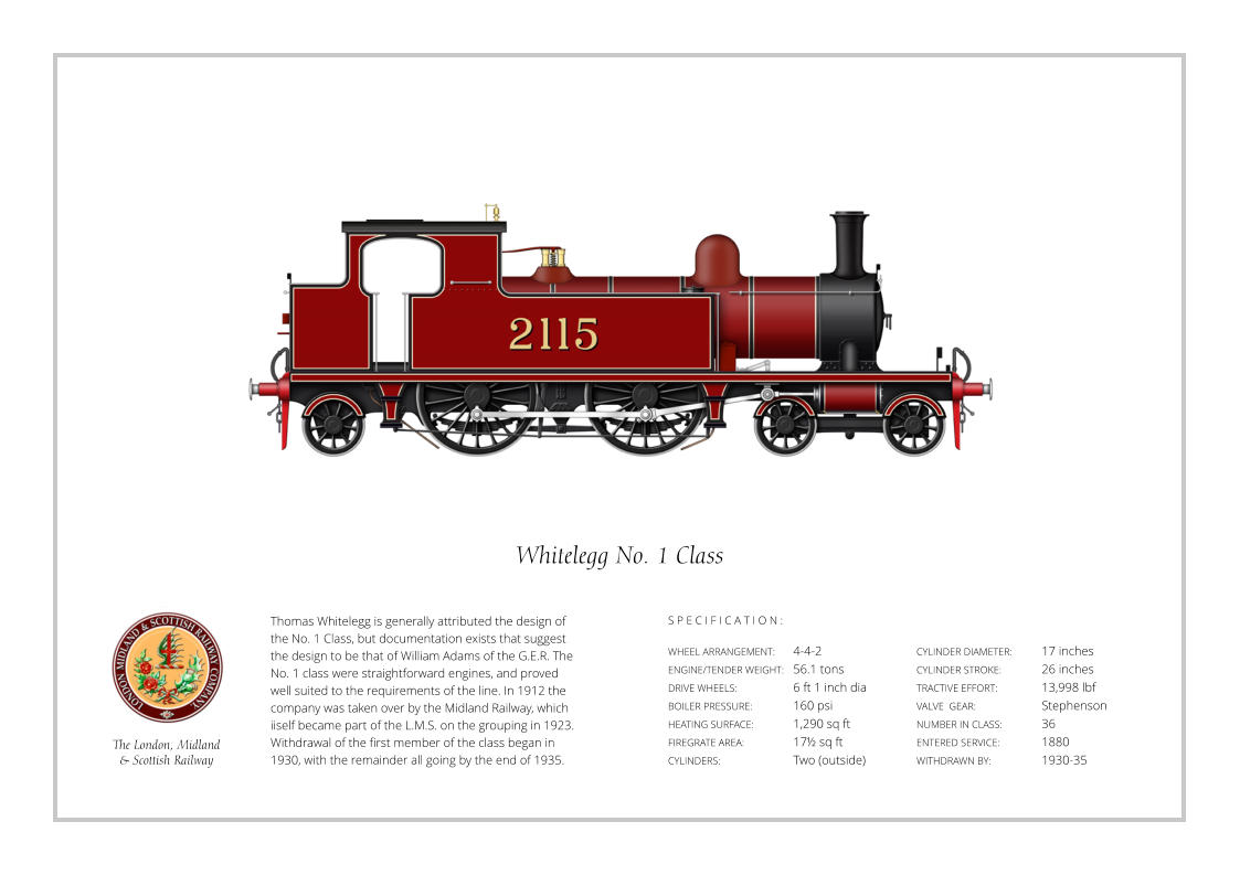 Thomas Whitelegg is generally attributed the design of the No. 1 Class, but documentation exists that suggest the design to be that of William Adams of the G.E.R. The No. 1 class were straightforward engines, and proved  well suited to the requirements of the line. In 1912 the company was taken over by the Midland Railway, which iiself became part of the L.M.S. on the grouping in 1923. Withdrawal of the first member of the class began in 1930, with the remainder all going by the end of 1935. WHEEL ARRANGEMENT:	4-4-2  ENGINE/TENDER WEIGHT:	56.1 tons DRIVE WHEELS:		6 ft 1 inch dia BOILER PRESSURE:	160 psi HEATING SURFACE:	1,290 sq ft FIREGRATE AREA:		17½ sq ft CYLINDERS:		Two (outside) CYLINDER DIAMETER:  	17 inches CYLINDER STROKE: 	26 inches TRACTIVE EFFORT:		13,998 lbf VALVE  GEAR:		Stephenson NUMBER IN CLASS: 	36 ENTERED SERVICE:   	1880 WITHDRAWN BY:   		1930-35 S P E C I F I C A T I O N : Whitelegg No. 1 Class The London, Midland  & Scottish Railway