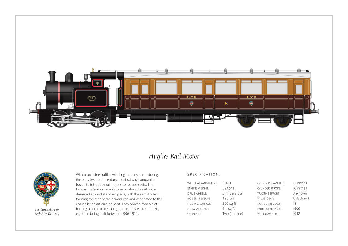 With branchline traffic dwindling in many areas during the early twentieth century, most railway companies began to introduce railmotors to reduce costs. The Lancashire & Yorkshire Railway produced a railmotor designed around standard parts, with the semi-trailer forming the rear of the drivers cab and connected to the engine by an articulated joint. They proved capable of hauling a bogie trailer up gradients as steep as 1 in 50, eighteen being built between 1906-1911. WHEEL ARRANGEMENT:	0-4-0 ENGINE WEIGHT:		32 tons DRIVE WHEELS:		3 ft  8 ins dia BOILER PRESSURE:	180 psi HEATING SURFACE:	509 sq ft FIREGRATE AREA:		9.4 sq ft CYLINDERS:		Two (outside) CYLINDER DIAMETER:  	12 inches CYLINDER STROKE: 	16 inches TRACTIVE EFFORT:		Unknown VALVE  GEAR:		Walschaert NUMBER IN CLASS:  	18 ENTERED SERVICE:   	1906 WITHDRAWN BY:   		1948 S P E C I F I C A T I O N : Hughes Rail Motor The Lancashire &  Yorkshire Railway