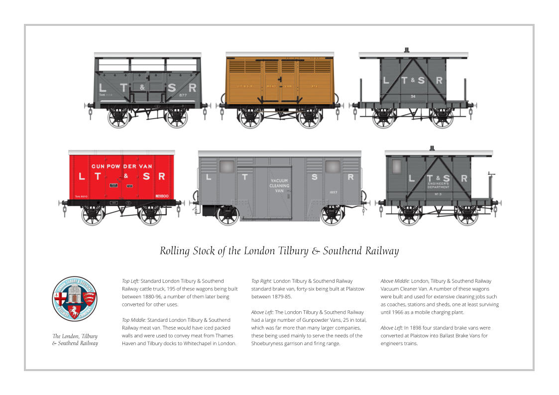 The London, Tilbury  & Southend Railway Top Left: Standard London Tilbury & Southend Railway cattle truck, 195 of these wagons being built between 1880-96, a number of them later being converted for other uses.  Top Middle: Standard London Tilbury & Southend Railway meat van. These would have iced packed walls and were used to convey meat from Thames Haven and Tilbury docks to Whitechapel in London. Rolling Stock of the London Tilbury & Southend Railway Above Middle: London, Tilbury & Southend Railway Vacuum Cleaner Van. A number of these wagons were built and used for extensive cleaning jobs such as coaches, stations and sheds, one at least surviving until 1966 as a mobile charging plant.  Above Left: In 1898 four standard brake vans were converted at Plaistow into Ballast Brake Vans for engineers trains. Top Right: London Tilbury & Southend Railway standard brake van, forty-six being built at Plaistow between 1879-85.  Above Left: The London Tilbury & Southend Railway had a large number of Gunpowder Vans, 25 in total, which was far more than many larger companies, these being used mainly to serve the needs of the Shoeburyness garrison and firing range.