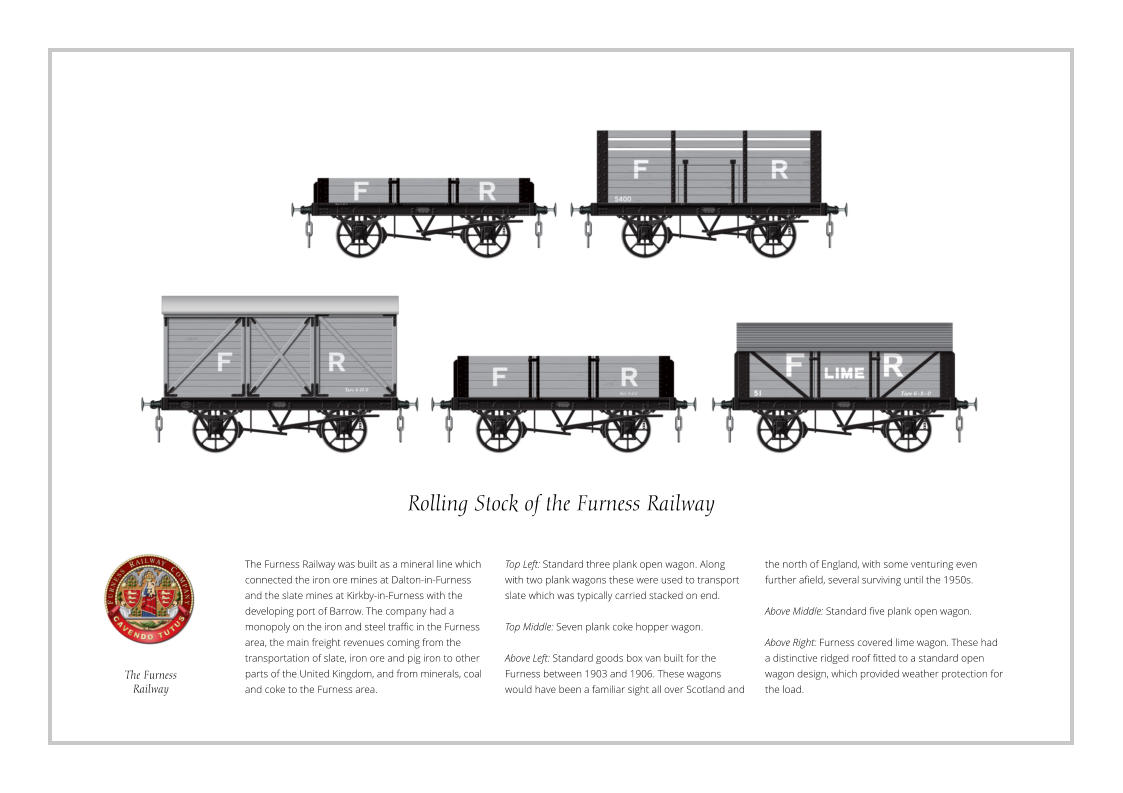 The Furness Railway was built as a mineral line which connected the iron ore mines at Dalton-in-Furness and the slate mines at Kirkby-in-Furness with the developing port of Barrow. The company had a monopoly on the iron and steel traffic in the Furness area, the main freight revenues coming from the transportation of slate, iron ore and pig iron to other parts of the United Kingdom, and from minerals, coal and coke to the Furness area. Rolling Stock of the Furness Railway The Furness Railway the north of England, with some venturing even further afield, several surviving until the 1950s.  Above Middle: Standard five plank open wagon.  Above Right: Furness covered lime wagon. These had a distinctive ridged roof fitted to a standard open wagon design, which provided weather protection for the load. Top Left: Standard three plank open wagon. Along with two plank wagons these were used to transport slate which was typically carried stacked on end.   Top Middle: Seven plank coke hopper wagon.  Above Left: Standard goods box van built for the Furness between 1903 and 1906. These wagons would have been a familiar sight all over Scotland and