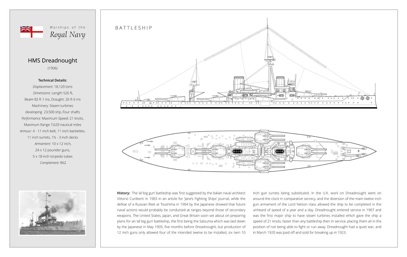 HMS Dreadnought (1906)  Technical Details:   Displacement: 18,120 tons   Dimensions: Length 526 ft,  Beam 82 ft 1 ins, Draught: 26 ft 6 ins Machinery: Steam turbines  developing  23,500 shp, Four shafts Performance: Maximum Speed: 21 knots,  Maximum Range 7,620 nautical miles  Armour: 4 - 11 inch belt, 11 inch barbettes,  11 inch turrets, 1½ - 3 inch decks  Armament: 10 x 12 inch,  24 x 12 pounder guns,  5 x 18 inch torpedo tubes  Complement: 862 B A T T L E S H I P History:  The ‘all big gun’ battleship was first suggested by the Italian naval architect Vittorio Cuniberti in 1903 in an article for ‘Jane’s Fighting Ships’ journal, while the defeat of a Russian fleet at Tsushima in 1904 by the Japanese showed that future naval actions would probably be conducted at ranges beyond those of secondary weapons. The United States, Japan, and Great Britain soon set about on preparing plans for an ‘all big gun’ battleship, the first being the Satsuma which was laid down by the Japanese in May 1905, five months before Dreadnought, but production of 12 inch guns only allowed four of the intended twelve to be installed, six twin 10 inch gun turrets being substituted. In the U.K. work on Dreadnought went on around the clock in comparative secrecy, and the diversion of the main twelve inch gun armament of the Lord Nelson class allowed the ship to be completed in the unheard of speed of a year and a day. Dreadnought entered service in 1907 and was the first major ship to have steam turbines installed which gave the ship a speed of 21 knots, faster than any battleship then in service, placing them all in the position of not being able to fight or run away. Dreadnought had a quiet war, and in March 1920 was paid off and sold for breaking up in 1923. W a r s h i p s    o f    t h e Royal Navy