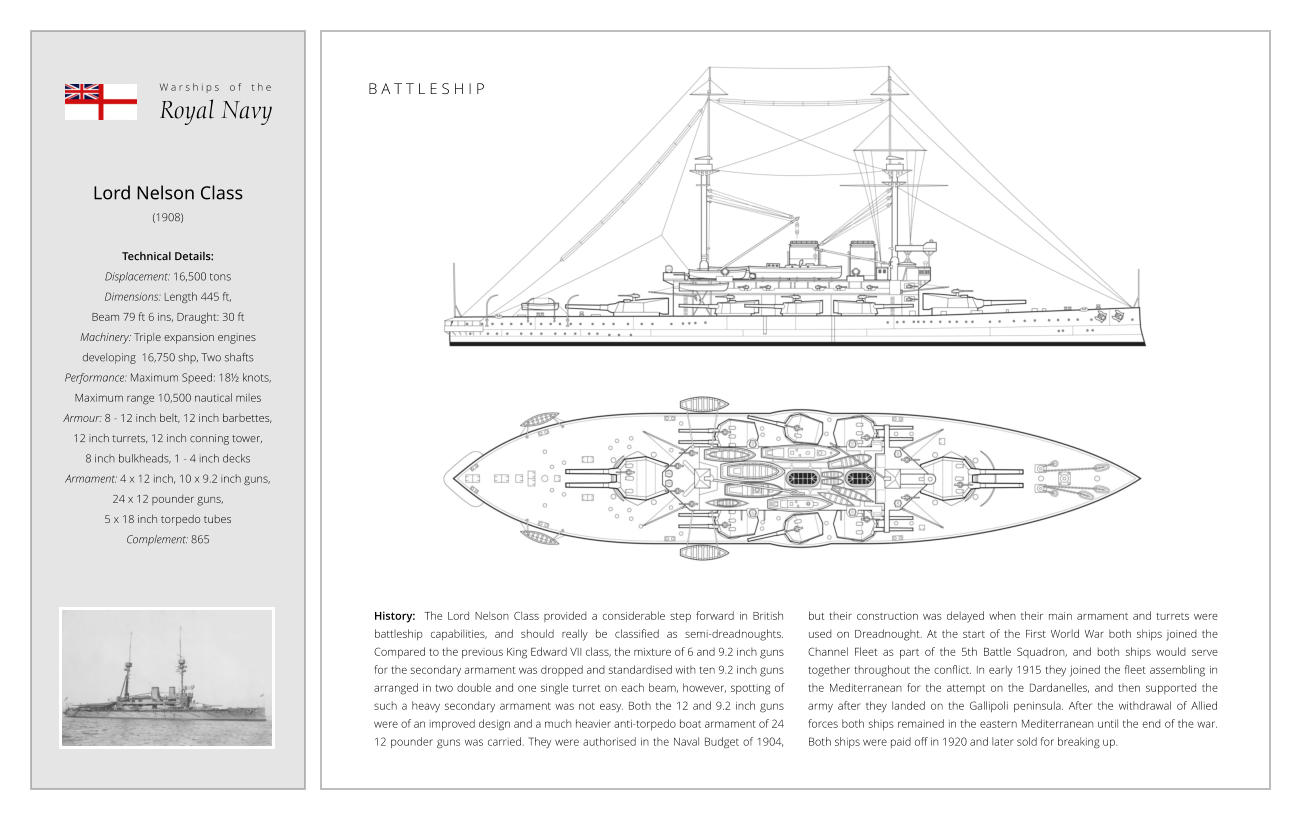 Lord Nelson Class (1908)  Technical Details:   Displacement: 16,500 tons Dimensions: Length 445 ft,  Beam 79 ft 6 ins, Draught: 30 ft Machinery: Triple expansion engines developing  16,750 shp, Two shafts Performance: Maximum Speed: 18½ knots,  Maximum range 10,500 nautical miles Armour: 8 - 12 inch belt, 12 inch barbettes,  12 inch turrets, 12 inch conning tower, 8 inch bulkheads, 1 - 4 inch decks Armament: 4 x 12 inch, 10 x 9.2 inch guns, 24 x 12 pounder guns,  5 x 18 inch torpedo tubes Complement: 865 History:  The Lord Nelson Class provided a considerable step forward in British battleship capabilities, and should really be classified as semi-dreadnoughts. Compared to the previous King Edward VII class, the mixture of 6 and 9.2 inch guns for the secondary armament was dropped and standardised with ten 9.2 inch guns arranged in two double and one single turret on each beam, however, spotting of such a heavy secondary armament was not easy. Both the 12 and 9.2 inch guns were of an improved design and a much heavier anti-torpedo boat armament of 24 12 pounder guns was carried. They were authorised in the Naval Budget of 1904, but their construction was delayed when their main armament and turrets were used on Dreadnought. At the start of the First World War both ships joined the Channel Fleet as part of the 5th Battle Squadron, and both ships would serve together throughout the conflict. In early 1915 they joined the fleet assembling in the Mediterranean for the attempt on the Dardanelles, and then supported the army after they landed on the Gallipoli peninsula. After the withdrawal of Allied forces both ships remained in the eastern Mediterranean until the end of the war. Both ships were paid off in 1920 and later sold for breaking up. W a r s h i p s    o f    t h e Royal Navy B A T T L E S H I P