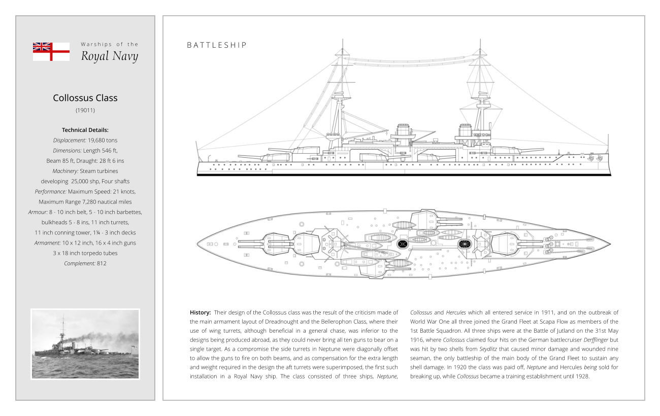 Collossus Class (19011)  Technical Details:   Displacement: 19,680 tons Dimensions: Length 546 ft,  Beam 85 ft, Draught: 28 ft 6 ins Machinery: Steam turbines  developing  25,000 shp, Four shafts Performance: Maximum Speed: 21 knots,  Maximum Range 7,280 nautical miles Armour: 8 - 10 inch belt, 5 - 10 inch barbettes,  bulkheads 5 - 8 ins, 11 inch turrets,  11 inch conning tower, 1¼ - 3 inch decks Armament: 10 x 12 inch, 16 x 4 inch guns 3 x 18 inch torpedo tubes Complement: 812 History:  Their design of the Collossus class was the result of the criticism made of the main armament layout of Dreadnought and the Bellerophon Class, where their use of wing turrets, although beneficial in a general chase, was inferior to the designs being produced abroad, as they could never bring all ten guns to bear on a single target. As a compromise the side turrets in Neptune were diagonally offset to allow the guns to fire on both beams, and as compensation for the extra length and weight required in the design the aft turrets were superimposed, the first such installation in a Royal Navy ship. The class consisted of three ships, Neptune, Collossus and Hercules which all entered service in 1911, and on the outbreak of World War One all three joined the Grand Fleet at Scapa Flow as members of the 1st Battle Squadron. All three ships were at the Battle of Jutland on the 31st May 1916, where Collossus claimed four hits on the German battlecruiser Derfflinger but was hit by two shells from Seydlitz that caused minor damage and wounded nine seaman, the only battleship of the main body of the Grand Fleet to sustain any shell damage. In 1920 the class was paid off, Neptune and Hercules being sold for breaking up, while Collossus became a training establishment until 1928. W a r s h i p s    o f    t h e Royal Navy B A T T L E S H I P