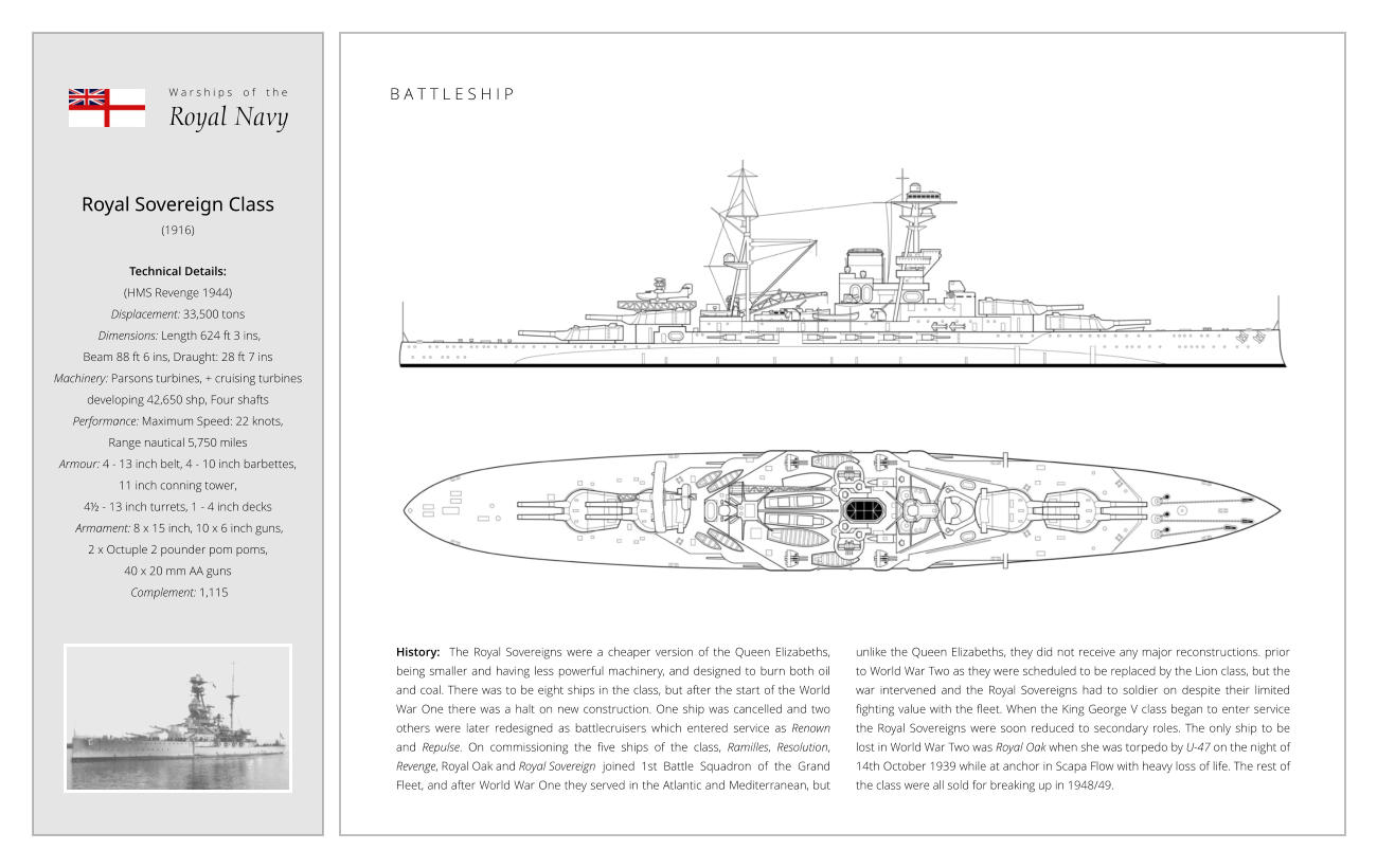 Royal Sovereign Class (1916)  Technical Details:   (HMS Revenge 1944)  Displacement: 33,500 tons   Dimensions: Length 624 ft 3 ins,  Beam 88 ft 6 ins, Draught: 28 ft 7 ins Machinery: Parsons turbines, + cruising turbines developing 42,650 shp, Four shafts Performance: Maximum Speed: 22 knots,  Range nautical 5,750 miles  Armour: 4 - 13 inch belt, 4 - 10 inch barbettes,  11 inch conning tower,  4½ - 13 inch turrets, 1 - 4 inch decks  Armament: 8 x 15 inch, 10 x 6 inch guns, 2 x Octuple 2 pounder pom poms,  40 x 20 mm AA guns  Complement: 1,115 B A T T L E S H I P History:  The Royal Sovereigns were a cheaper version of the Queen Elizabeths, being smaller and having less powerful machinery, and designed to burn both oil and coal. There was to be eight ships in the class, but after the start of the World War One there was a halt on new construction. One ship was cancelled and two others were later redesigned as battlecruisers which entered service as Renown and Repulse. On commissioning the five ships of the class, Ramilles, Resolution, Revenge, Royal Oak and Royal Sovereign	 joined 1st Battle Squadron of the Grand Fleet, and after World War One they served in the Atlantic and Mediterranean, but unlike the Queen Elizabeths, they did not receive any major reconstructions. prior to World War Two as they were scheduled to be replaced by the Lion class, but the war intervened and the Royal Sovereigns had to soldier on despite their limited fighting value with the fleet. When the King George V class began to enter service the Royal Sovereigns were soon reduced to secondary roles. The only ship to be lost in World War Two was Royal Oak when she was torpedo by U-47 on the night of 14th October 1939 while at anchor in Scapa Flow with heavy loss of life. The rest of the class were all sold for breaking up in 1948/49. W a r s h i p s    o f    t h e Royal Navy