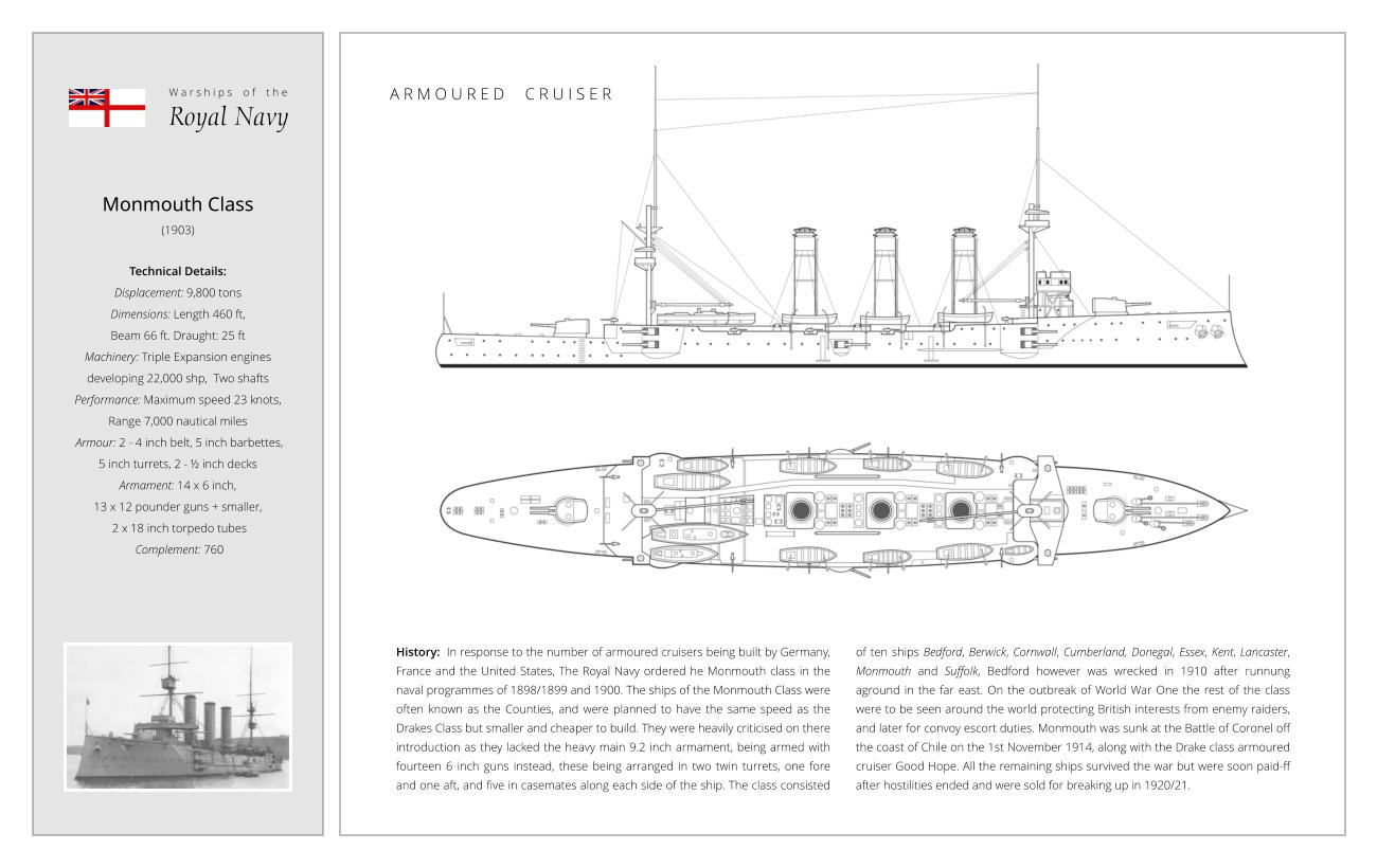 Monmouth Class (1903)  Technical Details:   Displacement: 9,800 tons Dimensions: Length 460 ft,  Beam 66 ft. Draught: 25 ft  Machinery: Triple Expansion engines  developing 22,000 shp,  Two shafts Performance: Maximum speed 23 knots,  Range 7,000 nautical miles  Armour: 2 - 4 inch belt, 5 inch barbettes,  5 inch turrets, 2 - ½ inch decks Armament: 14 x 6 inch,  13 x 12 pounder guns + smaller,  2 x 18 inch torpedo tubes   Complement: 760 History:  In response to the number of armoured cruisers being built by Germany, France and the United States, The Royal Navy ordered he Monmouth class in the naval programmes of 1898/1899 and 1900. The ships of the Monmouth Class were often known as the Counties, and were planned to have the same speed as the Drakes Class but smaller and cheaper to build. They were heavily criticised on there introduction as they lacked the heavy main 9.2 inch armament, being armed with fourteen 6 inch guns instead, these being arranged in two twin turrets, one fore and one aft, and five in casemates along each side of the ship. The class consisted of ten ships Bedford, Berwick, Cornwall, Cumberland, Donegal, Essex, Kent, Lancaster, Monmouth and Suffolk, Bedford however was wrecked in 1910 after runnung aground in the far east. On the outbreak of World War One the rest of the class were to be seen around the world protecting British interests from enemy raiders, and later for convoy escort duties. Monmouth was sunk at the Battle of Coronel off the coast of Chile on the 1st November 1914, along with the Drake class armoured cruiser Good Hope. All the remaining ships survived the war but were soon paid-ff after hostilities ended and were sold for breaking up in 1920/21. W a r s h i p s    o f    t h e Royal Navy A R M O U R E D     C R U I S E R