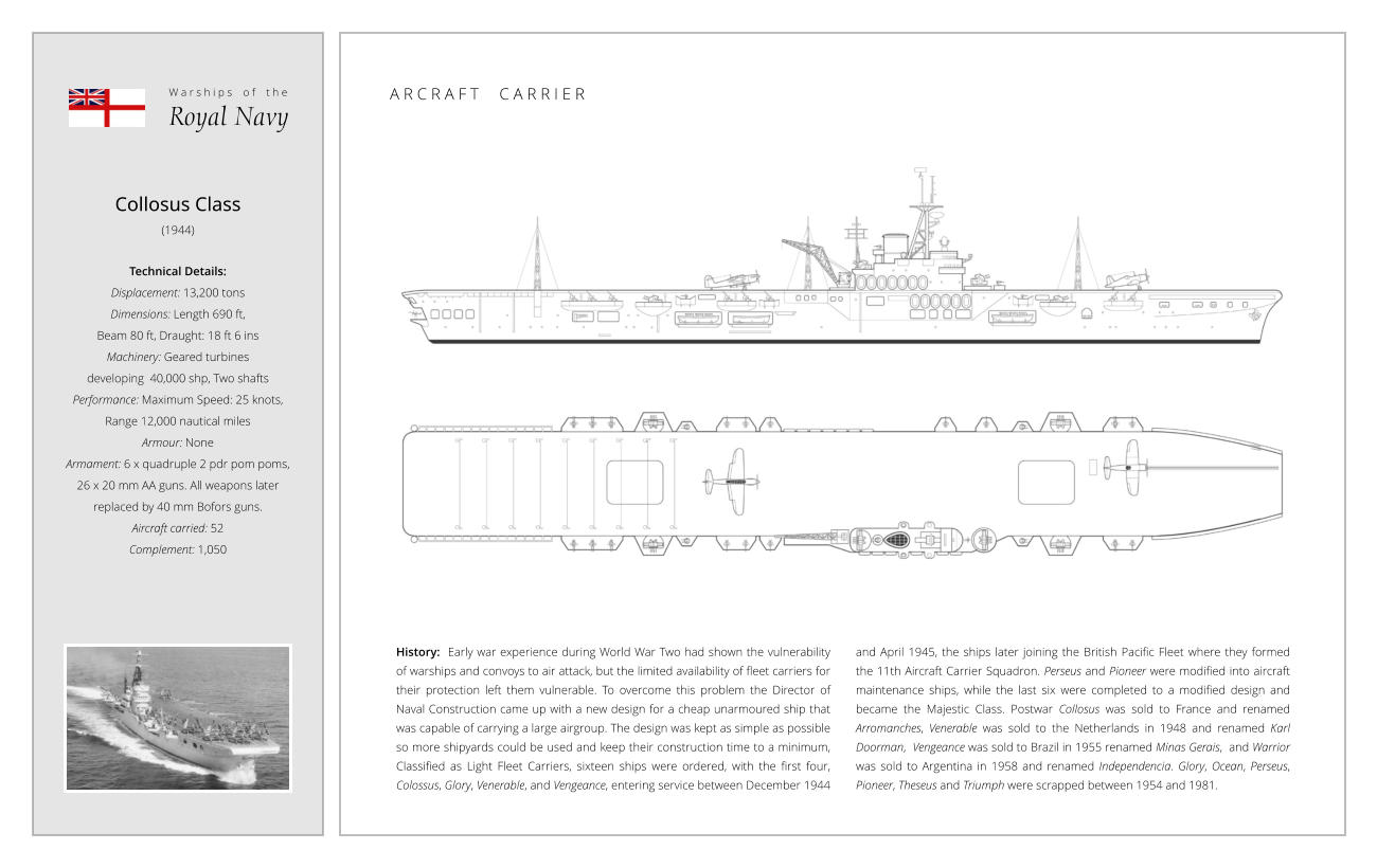 Collosus Class (1944)  Technical Details:   Displacement: 13,200 tons Dimensions: Length 690 ft,  Beam 80 ft, Draught: 18 ft 6 ins Machinery: Geared turbines  developing  40,000 shp, Two shafts Performance: Maximum Speed: 25 knots,  Range 12,000 nautical miles Armour: None Armament: 6 x quadruple 2 pdr pom poms,  26 x 20 mm AA guns. All weapons later  replaced by 40 mm Bofors guns.  Aircraft carried: 52 Complement: 1,050 History:  Early war experience during World War Two had shown the vulnerability of warships and convoys to air attack, but the limited availability of fleet carriers for their protection left them vulnerable. To overcome this problem the Director of Naval Construction came up with a new design for a cheap unarmoured ship that was capable of carrying a large airgroup. The design was kept as simple as possible so more shipyards could be used and keep their construction time to a minimum, Classified as Light Fleet Carriers, sixteen ships were ordered, with the first four, Colossus, Glory, Venerable, and Vengeance, entering service between December 1944 and April 1945, the ships later joining the British Pacific Fleet where they formed the 11th Aircraft Carrier Squadron. Perseus and Pioneer were modified into aircraft maintenance ships, while the last six were completed to a modified design and became the Majestic Class. Postwar Collosus was sold to France and renamed Arromanches, Venerable was sold to the Netherlands in 1948 and renamed Karl Doorman,  Vengeance was sold to Brazil in 1955 renamed Minas Gerais,  and Warrior was sold to Argentina in 1958 and renamed Independencia. Glory, Ocean, Perseus, Pioneer, Theseus and Triumph were scrapped between 1954 and 1981. W a r s h i p s    o f    t h e Royal Navy A R C R A F T     C A R R I E R