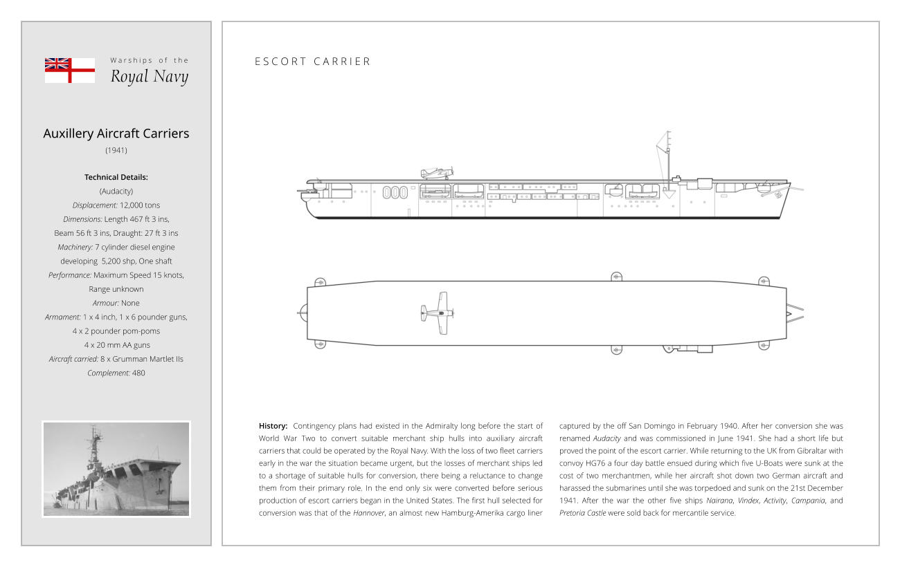 Auxillery Aircraft Carriers (1941)  Technical Details:  (Audacity)  Displacement: 12,000 tons Dimensions: Length 467 ft 3 ins,  Beam 56 ft 3 ins, Draught: 27 ft 3 ins Machinery: 7 cylinder diesel engine  developing  5,200 shp, One shaft Performance: Maximum Speed 15 knots,  Range unknown Armour: None Armament: 1 x 4 inch, 1 x 6 pounder guns,  4 x 2 pounder pom-poms  4 x 20 mm AA guns Aircraft carried: 8 x Grumman Martlet IIs Complement: 480 History:  Contingency plans had existed in the Admiralty long before the start of World War Two to convert suitable merchant ship hulls into auxiliary aircraft carriers that could be operated by the Royal Navy. With the loss of two fleet carriers early in the war the situation became urgent, but the losses of merchant ships led to a shortage of suitable hulls for conversion, there being a reluctance to change them from their primary role. In the end only six were converted before serious production of escort carriers began in the United States. The first hull selected for conversion was that of the Hannover, an almost new Hamburg-Amerika cargo liner captured by the off San Domingo in February 1940. After her conversion she was renamed Audacity and was commissioned in June 1941. She had a short life but proved the point of the escort carrier. While returning to the UK from Gibraltar with convoy HG76 a four day battle ensued during which five U-Boats were sunk at the cost of two merchantmen, while her aircraft shot down two German aircraft and harassed the submarines until she was torpedoed and sunk on the 21st December 1941. After the war the other five ships Nairana, Vindex, Activity, Campania, and Pretoria Castle were sold back for mercantile service. W a r s h i p s    o f    t h e Royal Navy E S C O R T   C A R R I E R