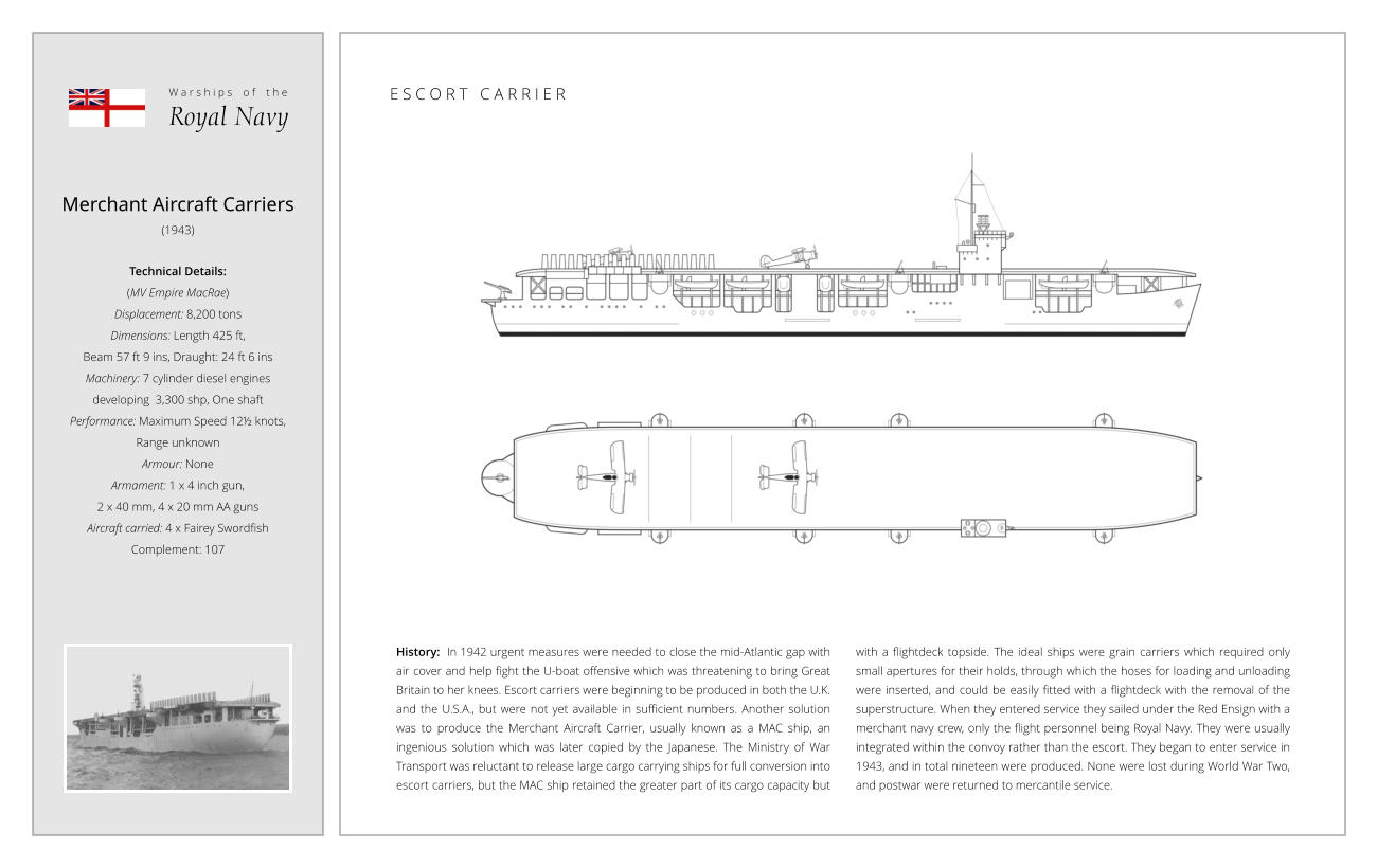 Merchant Aircraft Carriers (1943)  Technical Details:   (MV Empire MacRae) Displacement: 8,200 tons Dimensions: Length 425 ft,  Beam 57 ft 9 ins, Draught: 24 ft 6 ins Machinery: 7 cylinder diesel engines  developing  3,300 shp, One shaft Performance: Maximum Speed 12½ knots,  Range unknown Armour: None Armament: 1 x 4 inch gun,  2 x 40 mm, 4 x 20 mm AA guns Aircraft carried: 4 x Fairey Swordfish Complement: 107 History:  In 1942 urgent measures were needed to close the mid-Atlantic gap with air cover and help fight the U-boat offensive which was threatening to bring Great Britain to her knees. Escort carriers were beginning to be produced in both the U.K. and the U.S.A., but were not yet available in sufficient numbers. Another solution was to produce the Merchant Aircraft Carrier, usually known as a MAC ship, an ingenious solution which was later copied by the Japanese. The Ministry of War Transport was reluctant to release large cargo carrying ships for full conversion into escort carriers, but the MAC ship retained the greater part of its cargo capacity but with a flightdeck topside. The ideal ships were grain carriers which required only small apertures for their holds, through which the hoses for loading and unloading were inserted, and could be easily fitted with a flightdeck with the removal of the superstructure. When they entered service they sailed under the Red Ensign with a merchant navy crew, only the flight personnel being Royal Navy. They were usually integrated within the convoy rather than the escort. They began to enter service in 1943, and in total nineteen were produced. None were lost during World War Two, and postwar were returned to mercantile service. W a r s h i p s    o f    t h e Royal Navy E S C O R T   C A R R I E R