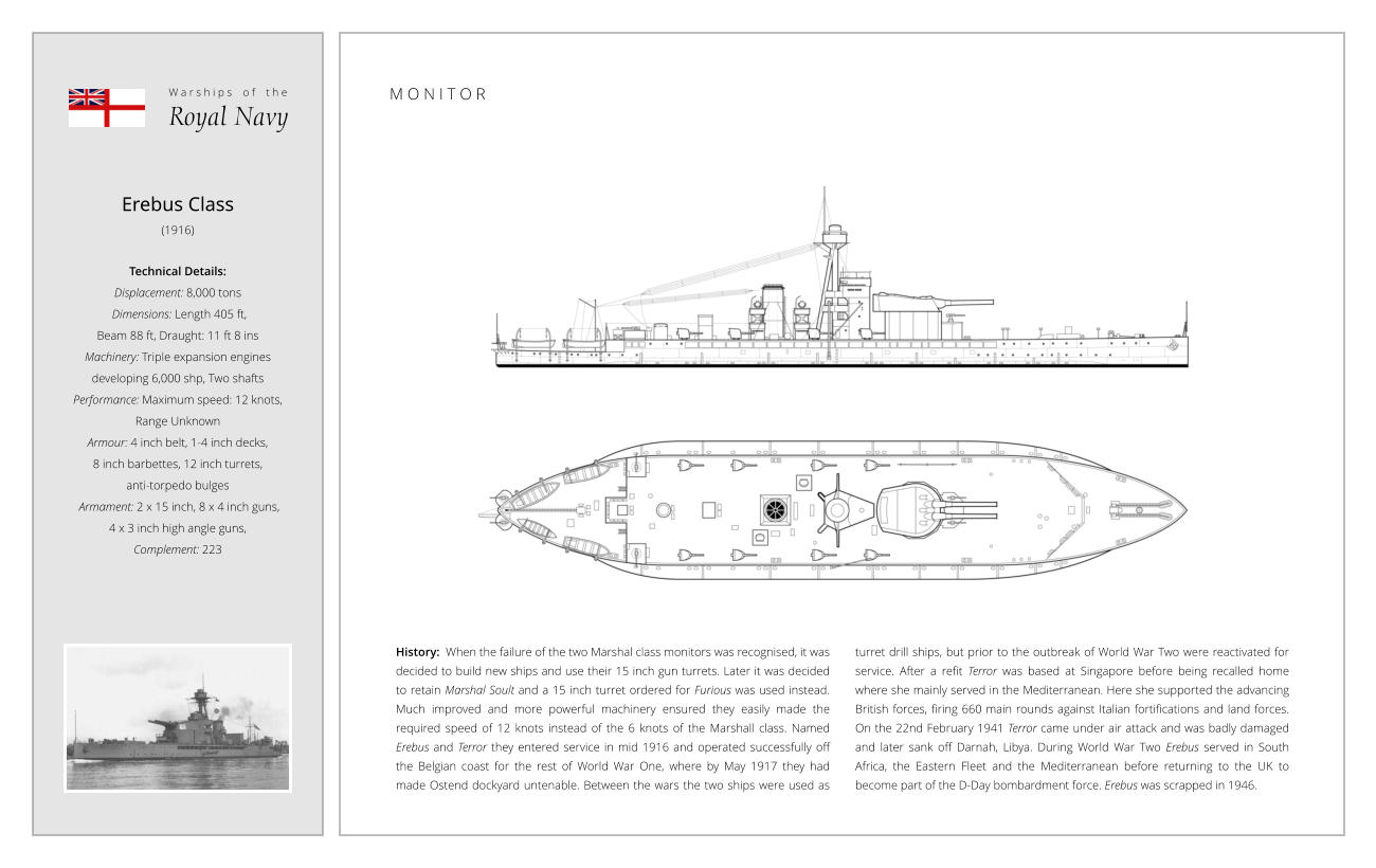 Erebus Class (1916)  Technical Details:   Displacement: 8,000 tons   Dimensions: Length 405 ft,  Beam 88 ft, Draught: 11 ft 8 ins Machinery: Triple expansion engines  developing 6,000 shp, Two shafts Performance: Maximum speed: 12 knots,  Range Unknown Armour: 4 inch belt, 1-4 inch decks, 8 inch barbettes, 12 inch turrets,  anti-torpedo bulges  Armament: 2 x 15 inch, 8 x 4 inch guns,  4 x 3 inch high angle guns,  Complement: 223 History:  When the failure of the two Marshal class monitors was recognised, it was decided to build new ships and use their 15 inch gun turrets. Later it was decided to retain Marshal Soult and a 15 inch turret ordered for Furious was used instead. Much improved and more powerful machinery ensured they easily made the required speed of 12 knots instead of the 6 knots of the Marshall class. Named Erebus and Terror they entered service in mid 1916 and operated successfully off the Belgian coast for the rest of World War One, where by May 1917 they had made Ostend dockyard untenable. Between the wars the two ships were used as turret drill ships, but prior to the outbreak of World War Two were reactivated for service. After a refit Terror was based at Singapore before being recalled home where she mainly served in the Mediterranean. Here she supported the advancing British forces, firing 660 main rounds against Italian fortifications and land forces. On the 22nd February 1941 Terror came under air attack and was badly damaged and later sank off Darnah, Libya. During World War Two Erebus served in South Africa, the Eastern Fleet and the Mediterranean before returning to the UK to become part of the D-Day bombardment force. Erebus was scrapped in 1946. W a r s h i p s    o f    t h e Royal Navy M O N I T O R